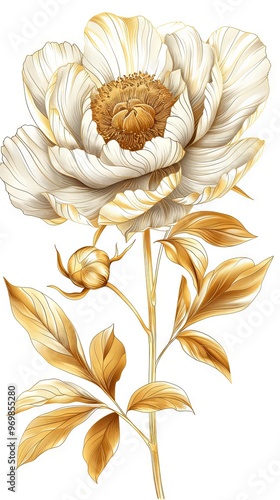 Luxury golden peony flower line art on white background vector