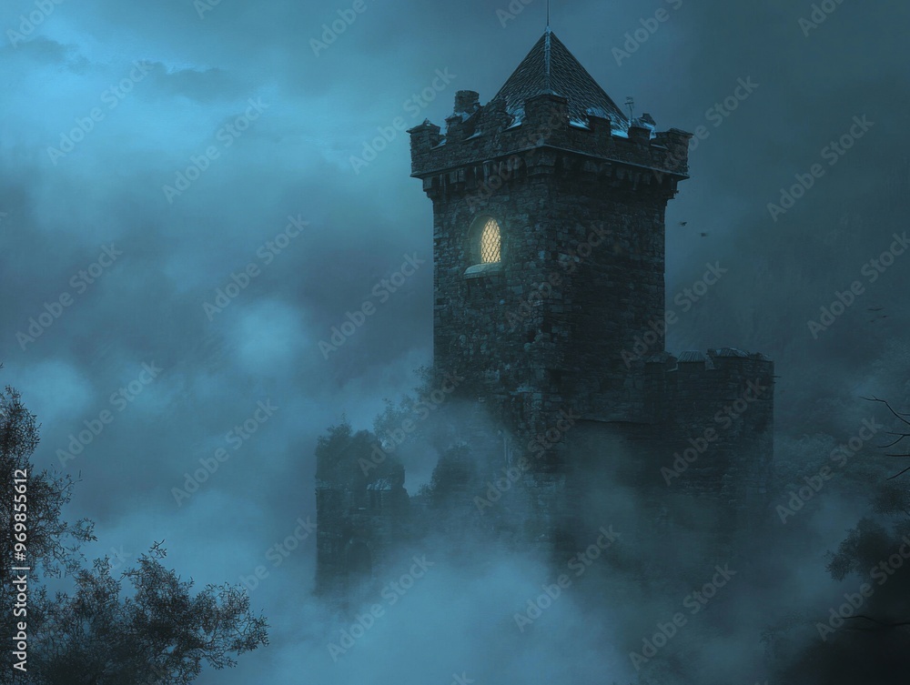 An Illuminated Tower in a Foggy Night An Illuminated Tower in a Foggy Night