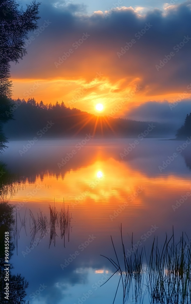 Sunrise reflected in a calm lake, symbolizing the beauty of new beginnings Sunrise reflected in a calm lake, symbolizing the beauty of new beginnings