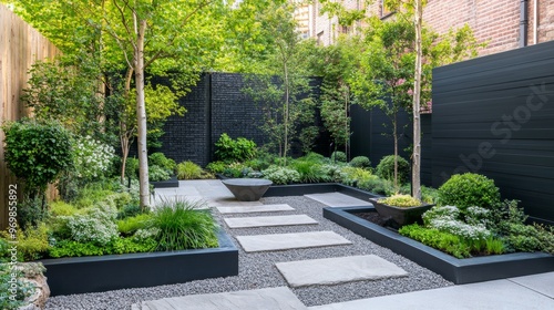 A small garden with a black fence and a black pathway