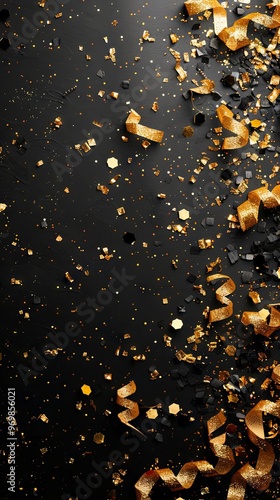 Minimalistic design New Years party frame of shiny black and gold black and gold streamers and confetti