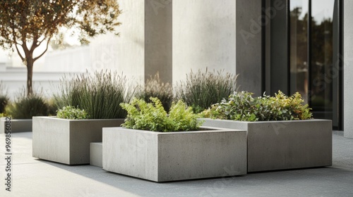 Three concrete planters with plants in them are arranged in a row photo