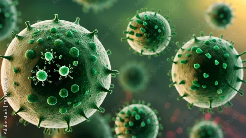 Close up of viruses in a vibrant display, showcasing their structure and potential impact on health, emphasizing scientific analysis Close up of viruses in a vibrant display, showcasing their structure and potential impact on health, emphasizing scientific analysis