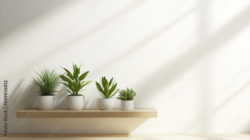 A shelf with four potted plants on it A shelf with four potted plants on it