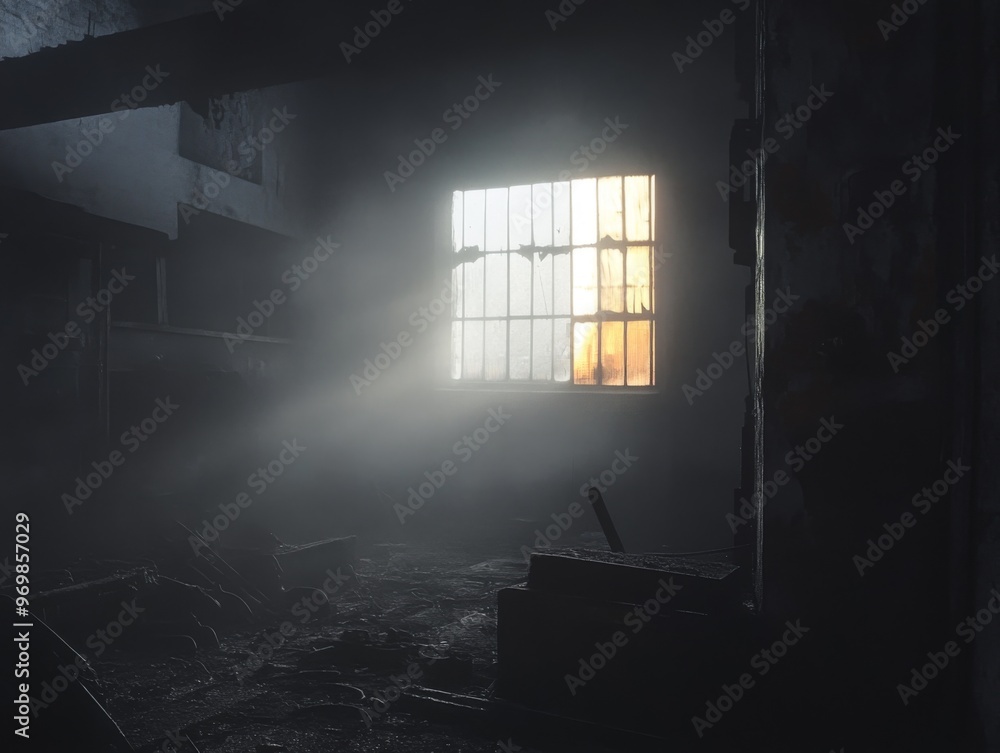 A Single Window Illuminates a Dark and Dusty Industrial Space A Single Window Illuminates a Dark and Dusty Industrial Space