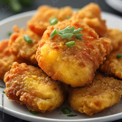 Fried chicken nuggets with cheese on a plate, close-up