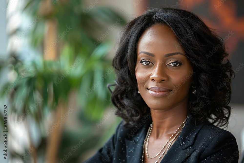 close-up portrait of a smiling African American businesswoman working confidently in her office, showcasing her leadership and productivity skills. close-up portrait of a smiling African American businesswoman working confidently in her office, showcasing her leadership and productivity skills.