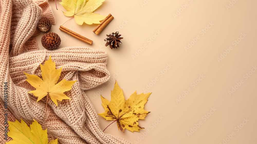 Autumn aesthetic concept featuring a top view of yellow maple leaves, cinnamon sticks, anise, pine cones, and a scarf on a beige background with empty space. Autumn aesthetic concept featuring a top view of yellow maple leaves, cinnamon sticks, anise, pine cones, and a scarf on a beige background with empty space.
