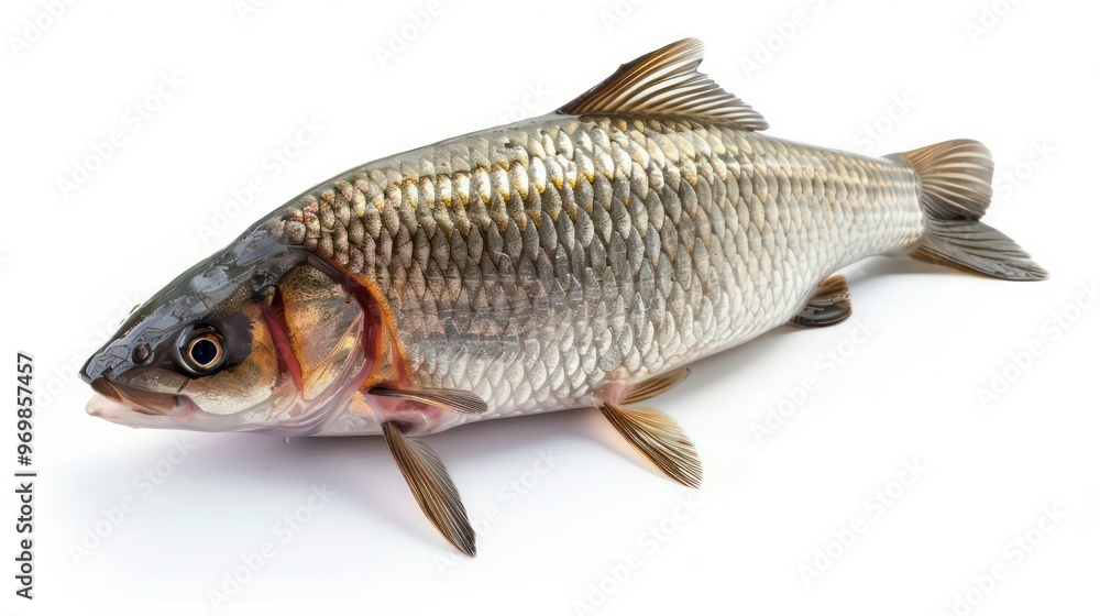 A large, silver carp with scales and fins, lying on a white surface. A large, silver carp with scales and fins, lying on a white surface.