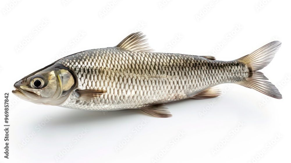 Fototapeta premium A single fresh fish with scales, fins and tail on a white background.