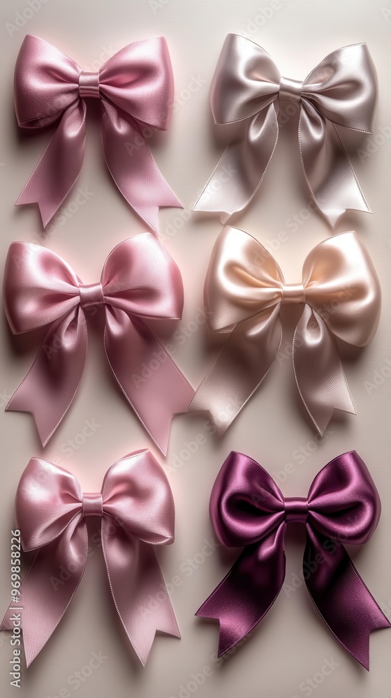 elegant collection of pink satin ribbon bows arranged artfully on pure white background soft shadows delicate folds and lustrous sheen highlighting texture elegant collection of pink satin ribbon bows arranged artfully on pure white background soft shadows delicate folds and lustrous sheen highlighting texture