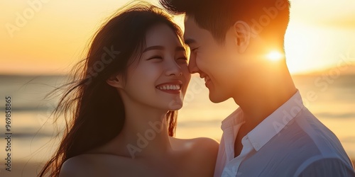 Cinematic photo of a young asian couple in love, woman with long dark hair and man with short hair looking at each other closely smiling happily