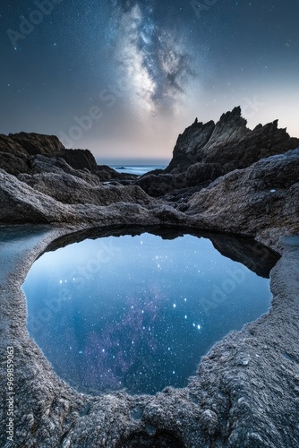 Secluded Tidal Pool Reflecting a Galaxy of Stars at Night photo