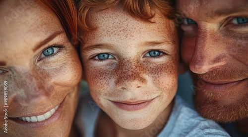 closeup portrait of a happy ginger family with freckles, mom and dad looking at the camera together with their child in the middle photo