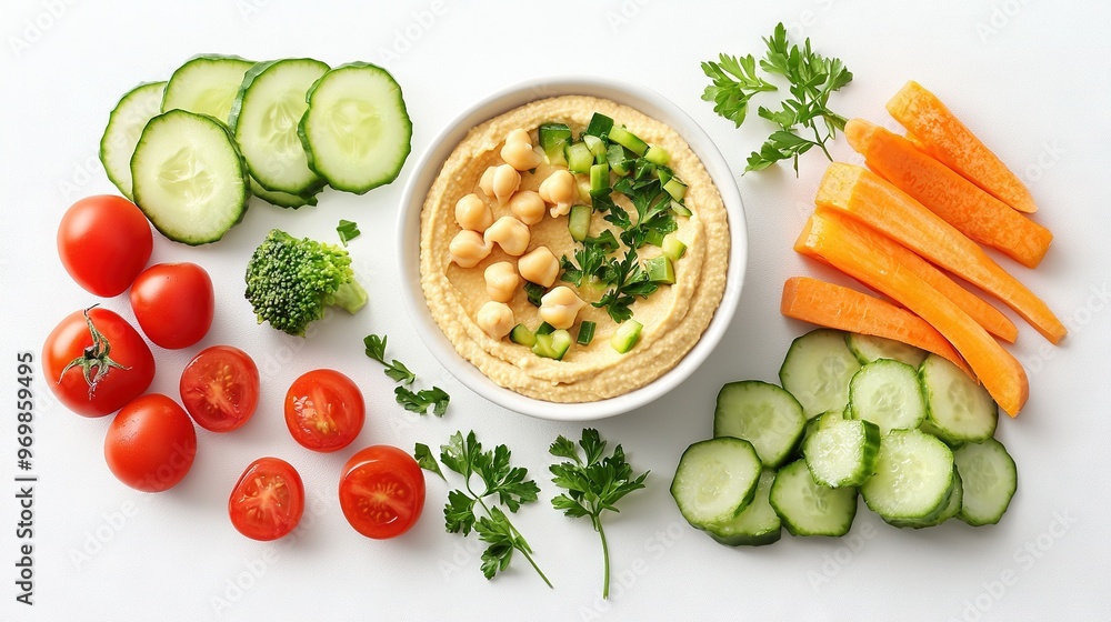 A bowl of hummus with carrots, cucumbers, celery, and cherry tomatoes on a clean, white background A bowl of hummus with carrots, cucumbers, celery, and cherry tomatoes on a clean, white background