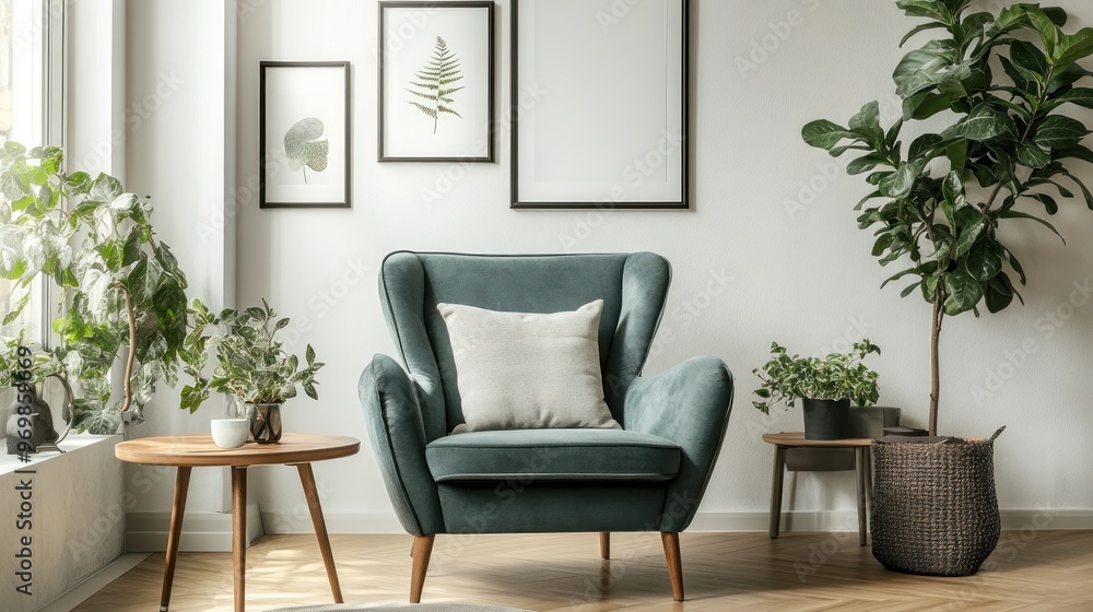 Cozy Living Room with a Teal Armchair and Greenery Cozy Living Room with a Teal Armchair and Greenery