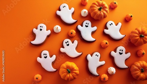 Gingerbread cookies in the form of ghosts and pumpkins, on a bright background, Halloween concept