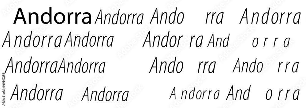 Fototapeta premium Various artistic representations of the word Andorra in different fonts and styles featuring typography on a white background