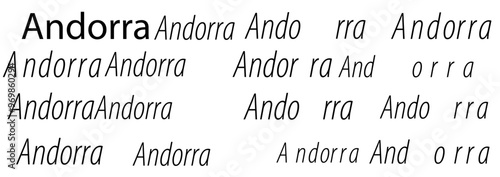 Various artistic representations of the word Andorra in different fonts and styles featuring typography on a white background
