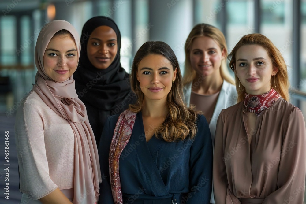 diverse group of multicultural female leaders standing confidently in a corporate office, showcasing empowerment and inclusivity in the workforce. diverse group of multicultural female leaders standing confidently in a corporate office, showcasing empowerment and inclusivity in the workforce.