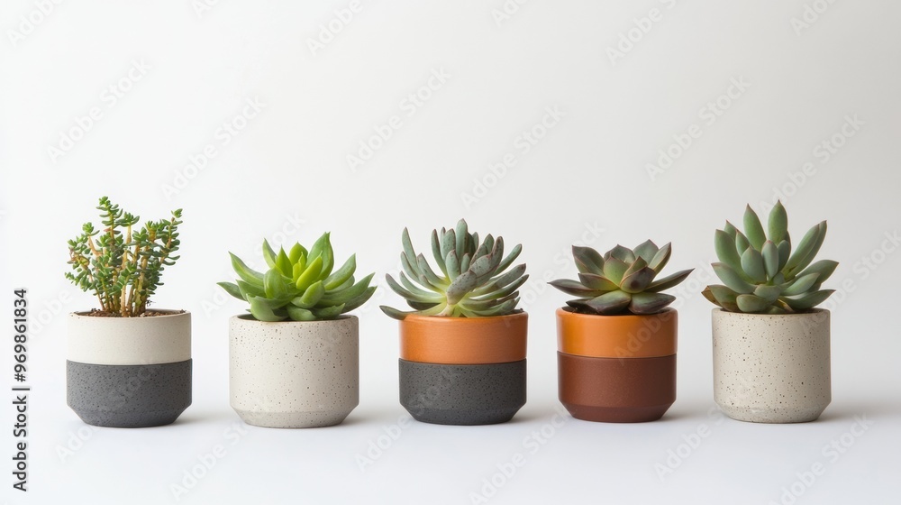 Fototapeta premium A row of five potted plants with different colors and sizes