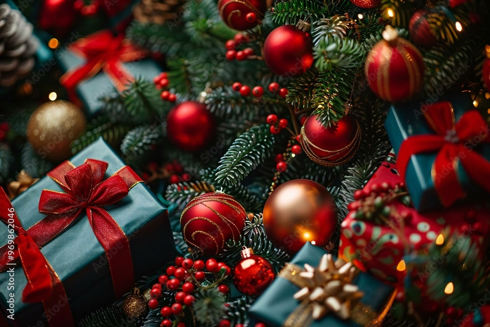 close-up shot of a glowing Christmas tree surrounded by festive decorations and gifts. close-up shot of a glowing Christmas tree surrounded by festive decorations and gifts.