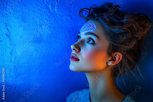 Synaptogenesis synaptic transmission neuroprosthetics brain machine interface and brain mapping portrait of a woman illuminated by neural patterns in a blue conceptual space photo