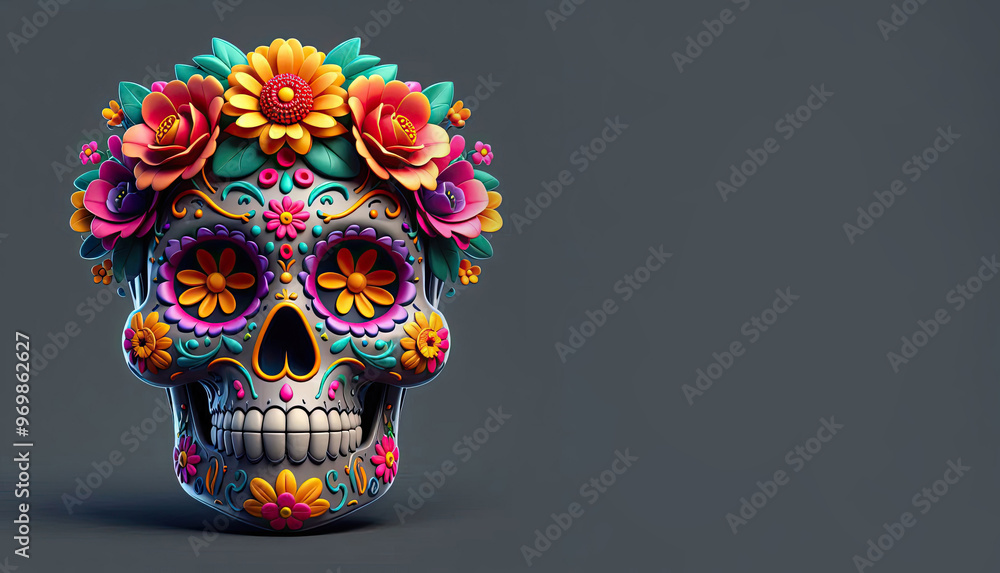 Fototapeta premium Dia De Los Muertos Wallpaper Background Illustration, Mexican Sugar Skulls on the Day of The Dead