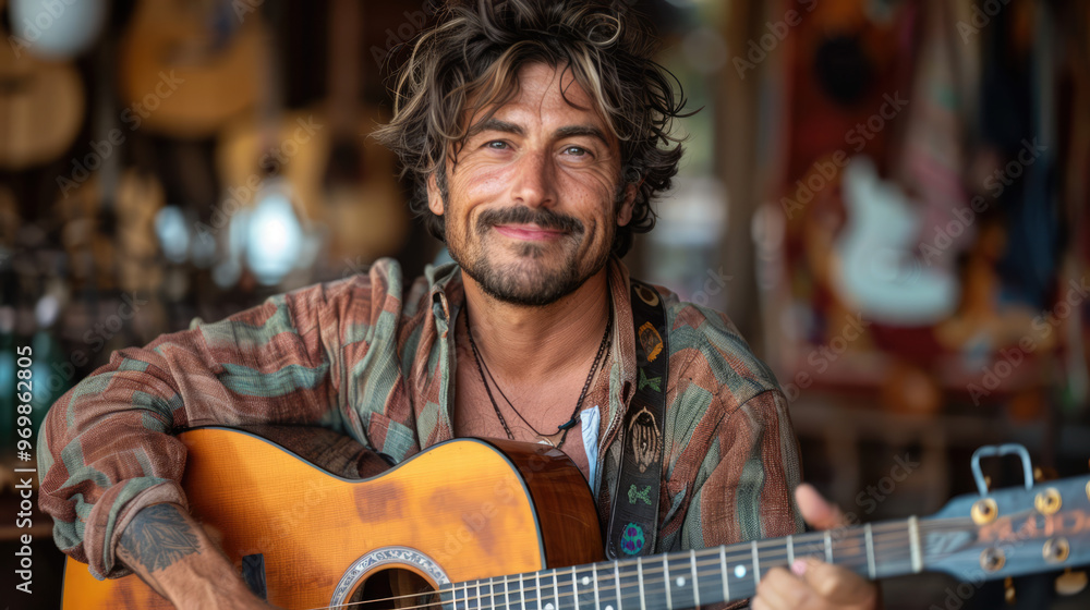 Fototapeta premium A musician playing an acoustic guitar in a cozy, intimate setting, highlighting passion and creativity
