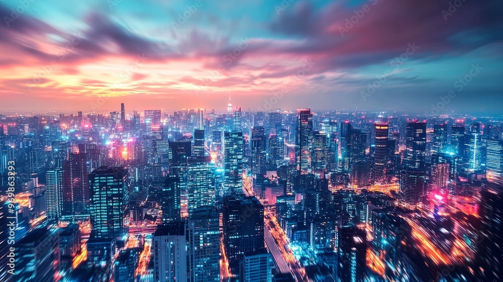 Fototapeta premium Smart city digital transformation development concept. Band lights over modern urban cityscape at night. New fast internet communication 5G technology. Fiber Optics 