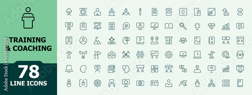 Training and coaching line icons. Related to training, coaching, mentoring, education, meeting, teamwork. Outline icon collection. Editable stroke.