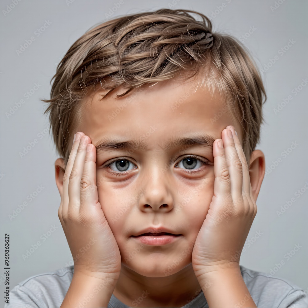 Niño con el rostro entre las manos mira fijamente hacia la cámara como sus ojos azules. Niño con el rostro entre las manos mira fijamente hacia la cámara como sus ojos azules.