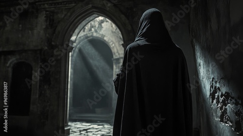 Mysterious figure in dark cloak standing in