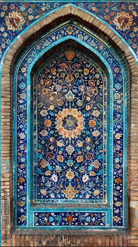 Traditional Persian mosaic wall with geometric and floral designs in Iran Blue ceramic tile background for text 