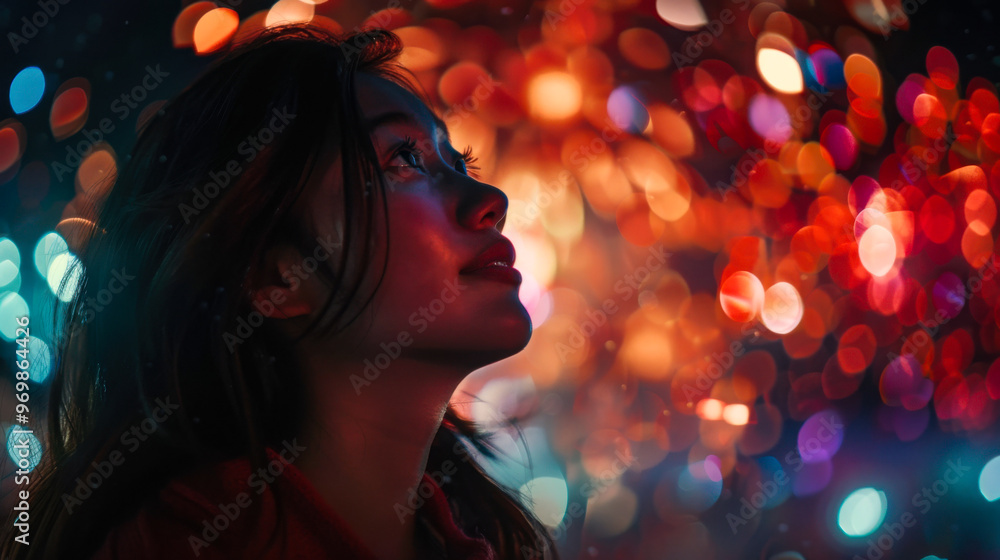 Profile of a woman with colorful bokeh lights background Profile of a woman with colorful bokeh lights background