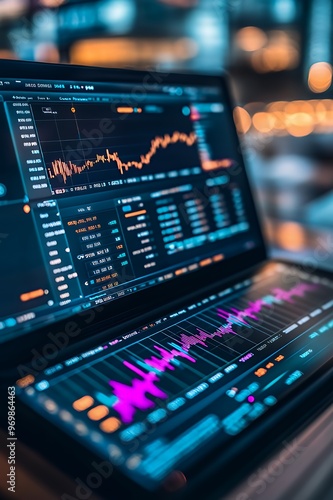 Close-up of a laptop screen displaying financial data and graphs.