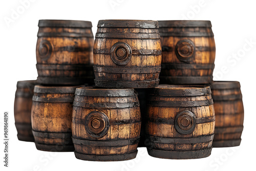 a stack of wooden barrels.  photo