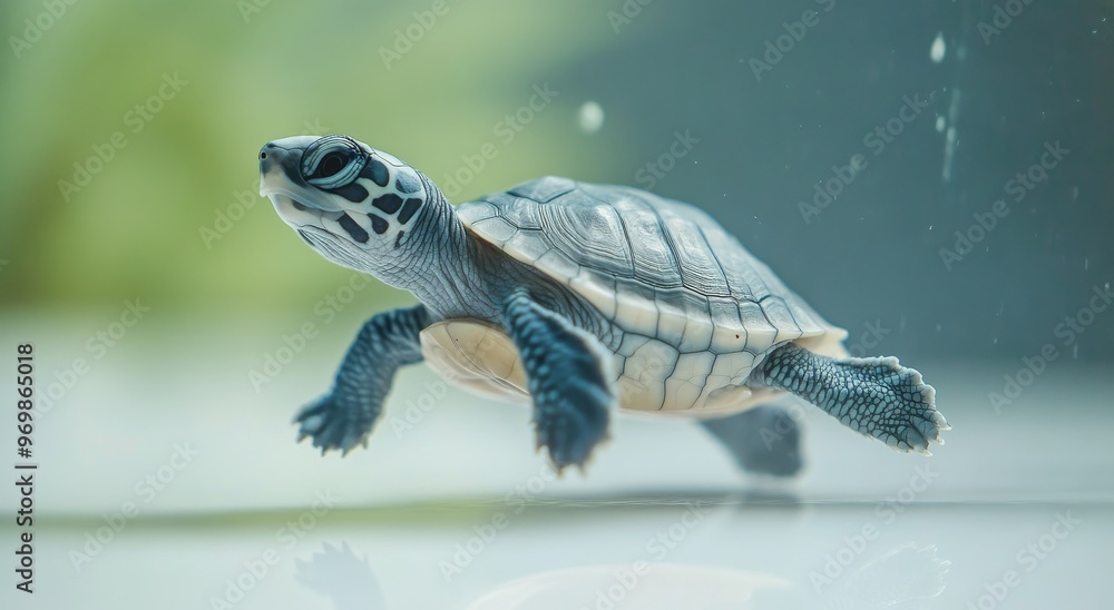 Fototapeta premium A close-up view of a colorful turtle on a light background in a calm indoor setting