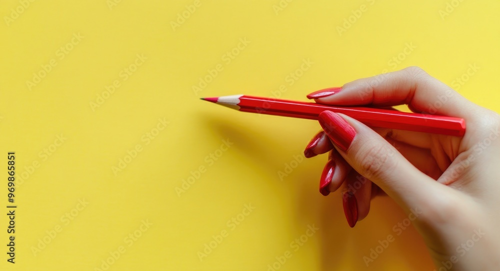 Hand holding red pencil on yellow background. Hand holding red pencil on yellow background.