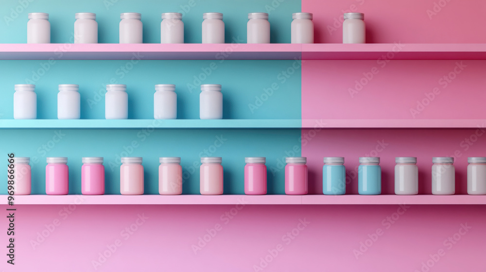 Colorful display of bottles on pastel shelves, showcasing beauty and wellness products in a fresh and vibrant aesthetic. Colorful display of bottles on pastel shelves, showcasing beauty and wellness products in a fresh and vibrant aesthetic.