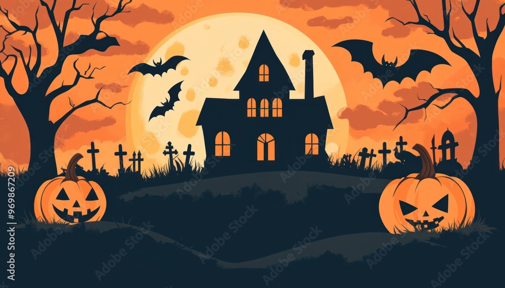 Fototapeta premium Spooky Halloween Night with Jack-O-Lantern, Haunted House, and Bats