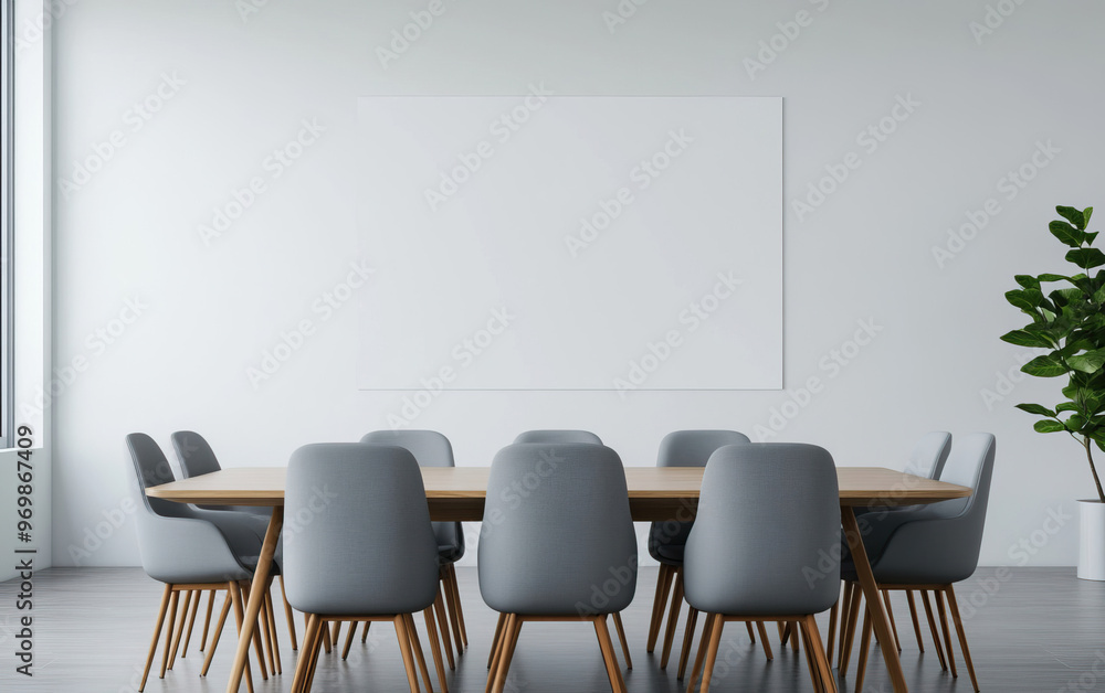 Modern conference room with a large wooden table and grey chairs, ideal for meetings and presentations in a bright, minimalistic space. Modern conference room with a large wooden table and grey chairs, ideal for meetings and presentations in a bright, minimalistic space.