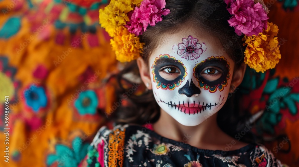 Young Girl Dressed in Traditional Mexican Clothing with Day of the Dead Makeup Young Girl Dressed in Traditional Mexican Clothing with Day of the Dead Makeup