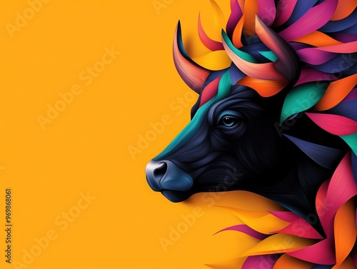 Vibrant and colorful illustration of a bull's head surrounded by stylized leaves on a bright yellow background. photo