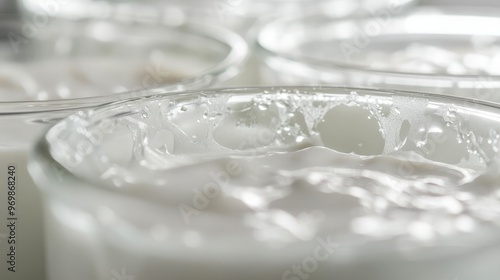 Close up of white liquid in a glass.