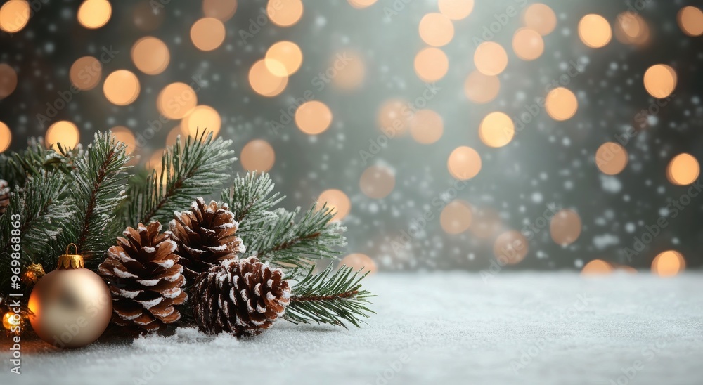 Festive holiday decorations featuring ornaments and pine cones on a table with twinkling lights Festive holiday decorations featuring ornaments and pine cones on a table with twinkling lights