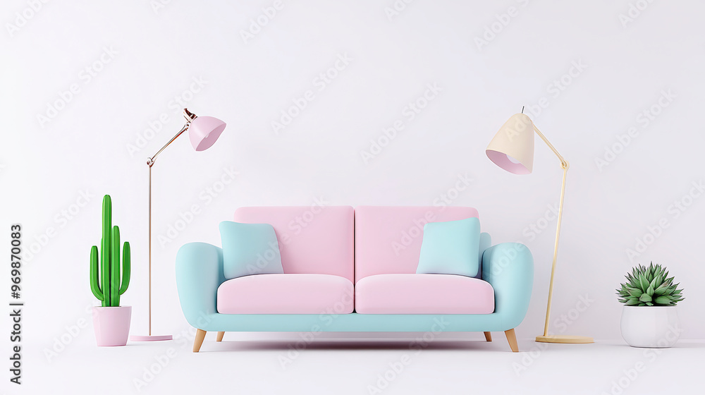 A pastel-colored living room with a pink and blue sofa, two floor lamps, a potted cactus, and a succulent plant against a white background. A pastel-colored living room with a pink and blue sofa, two floor lamps, a potted cactus, and a succulent plant against a white background.
