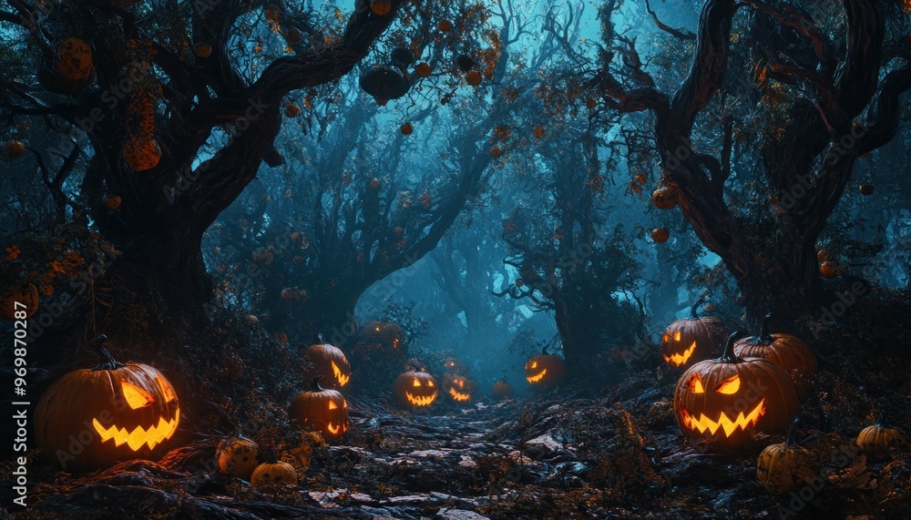Fototapeta premium Jack-o'-Lantern Path Through a Foggy, Spooky Forest