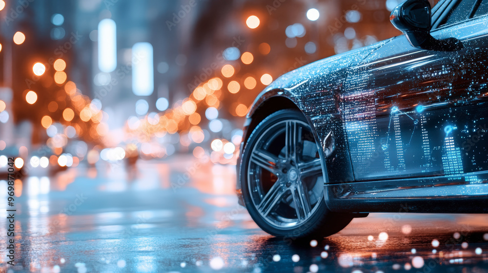 A sleek, futuristic car drives through a city at night, with bokeh lights hinting at advanced digital technology integration. A sleek, futuristic car drives through a city at night, with bokeh lights hinting at advanced digital technology integration.