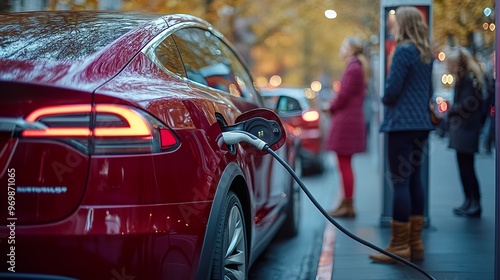 Woman charging her electric car in winter photo